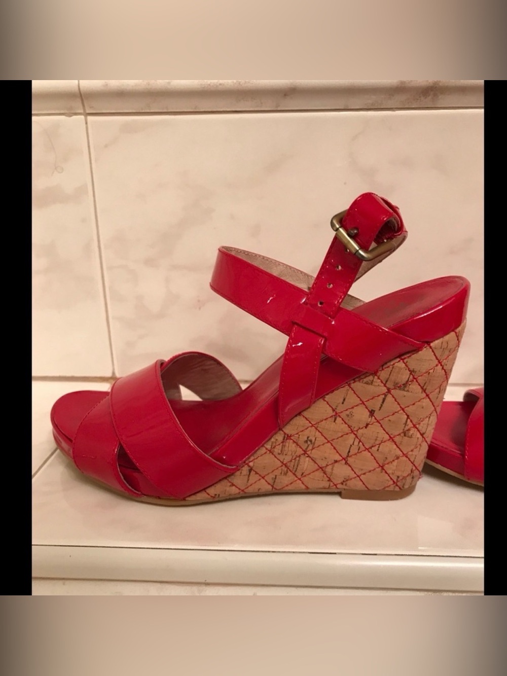 Johnston & Murphy Red Patent Wedge Sandals with Cork-Style Platform
